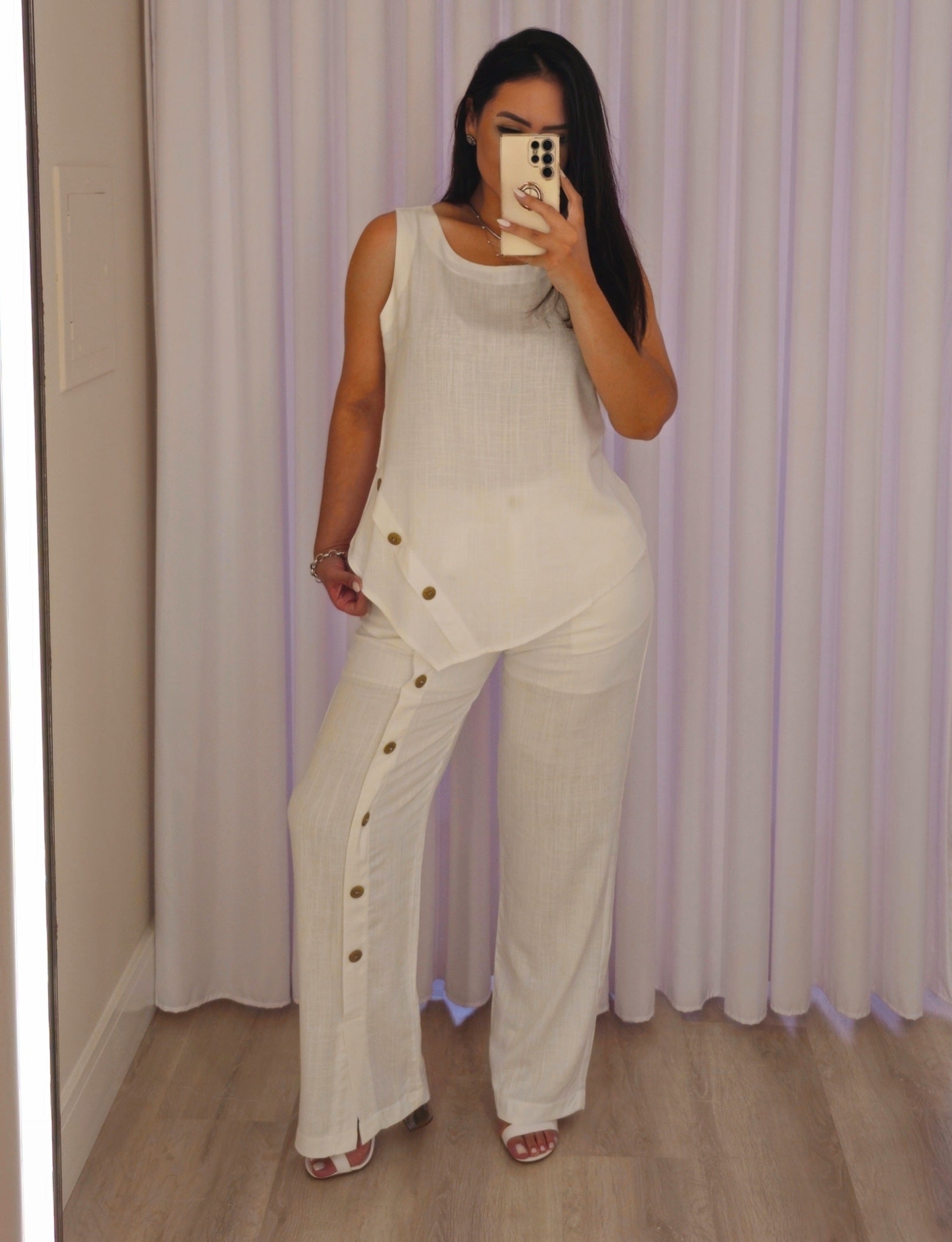 Conjunto Luxo feminino branco em linho com viscose