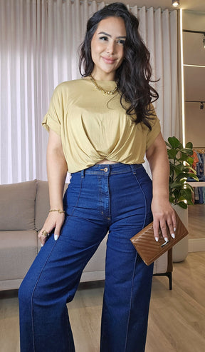 Calça Jeans Wide Leg Feminina Cintura Alta Azul Escuro com Costura Marcada