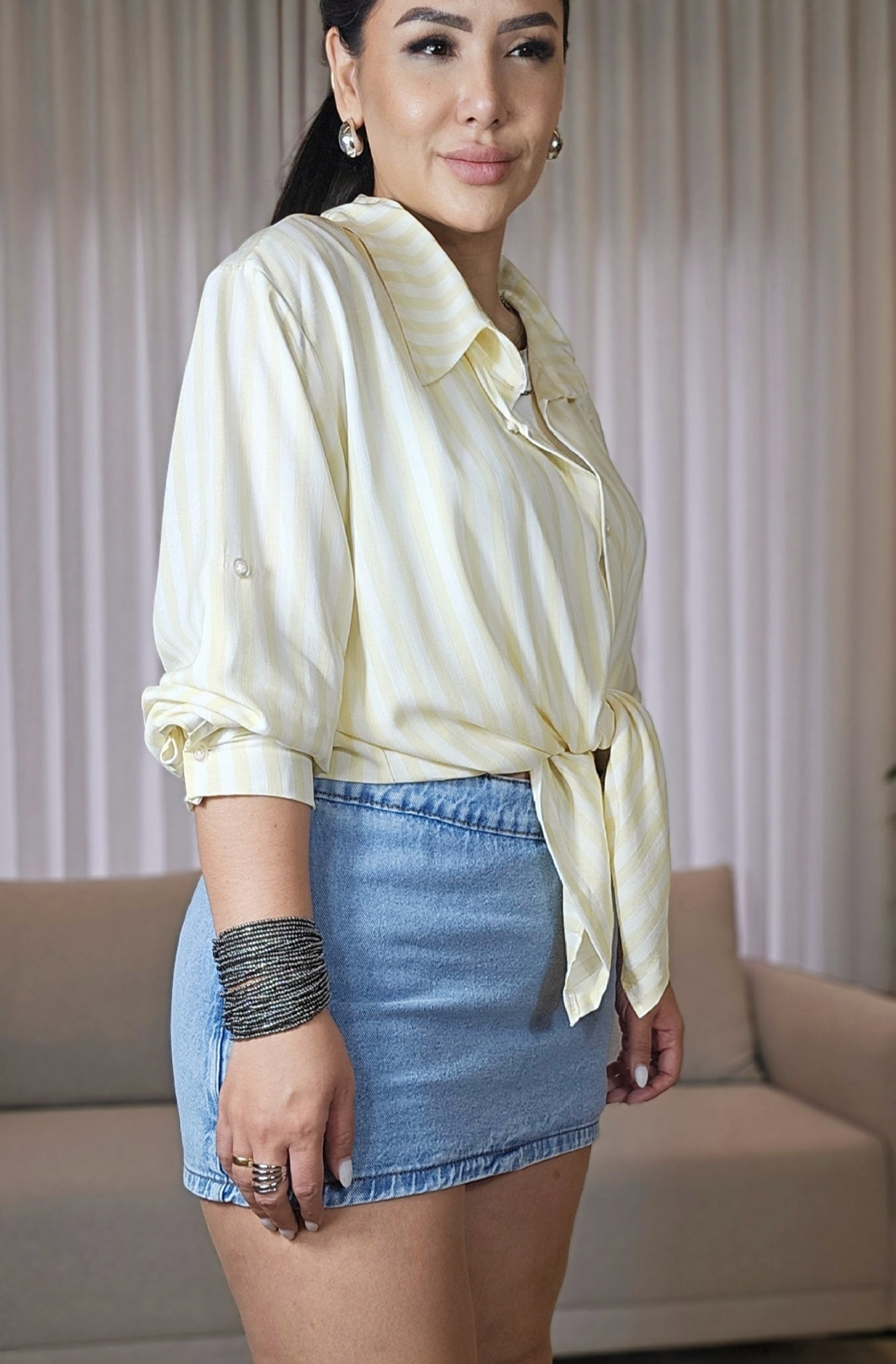 Camisa Over Amarela Listrada Feminina