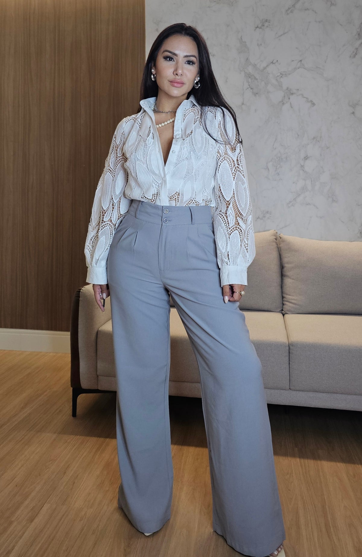 Calça Feminina Pantalona de Alfaiataria Cinza