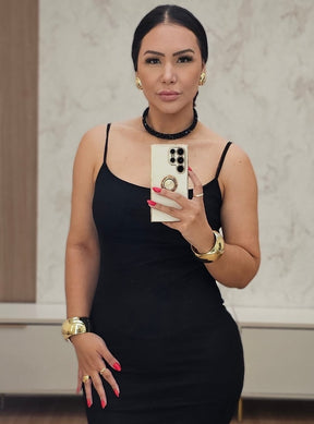 Vestido midi preto em tule liso - alças com regulagem e forro