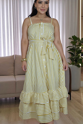 Vestido Listrado com Faixa e babados