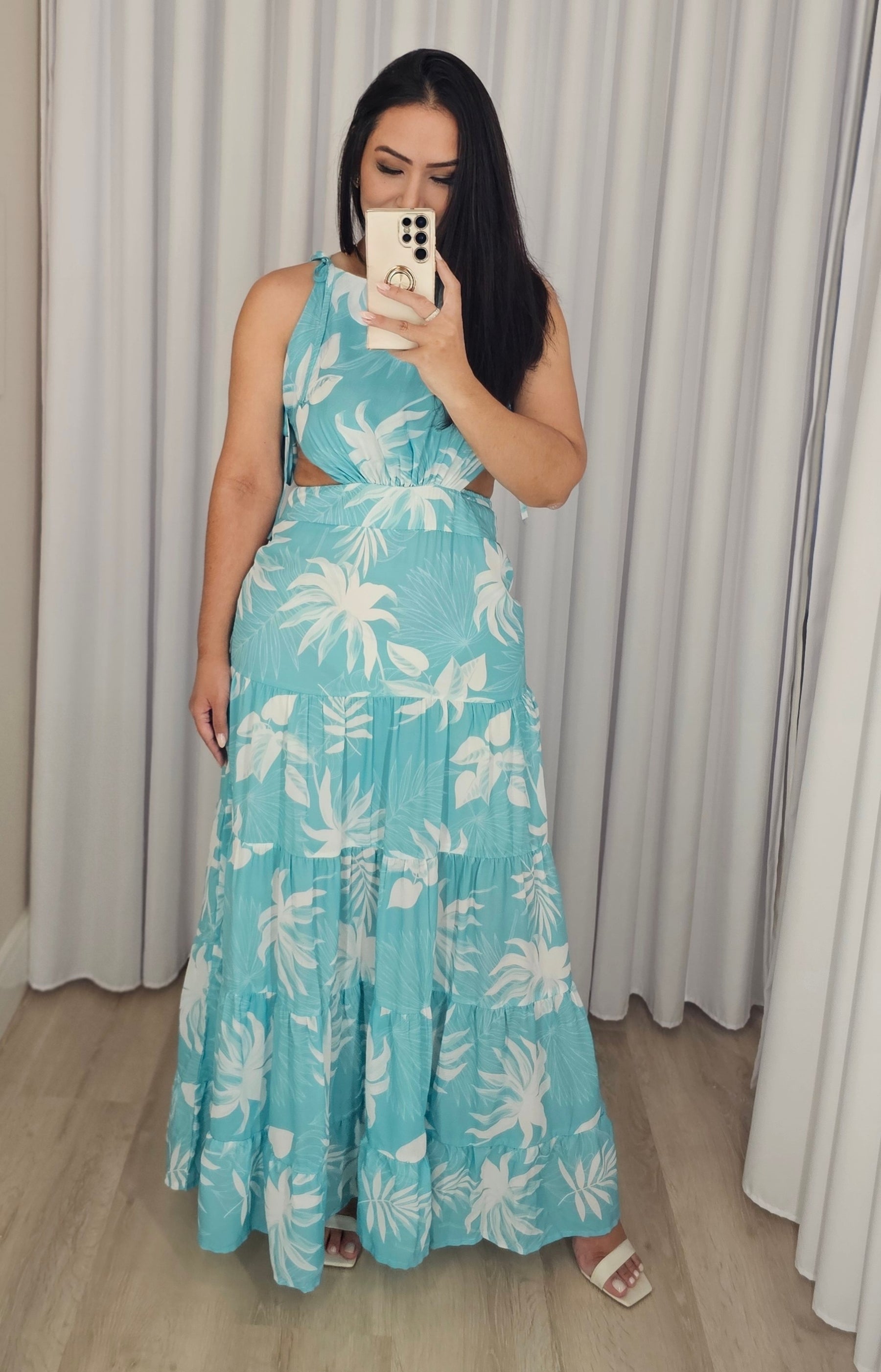 Vestido Longo fluido Estampado com forro, recortes estratégicos e amarração - Angel