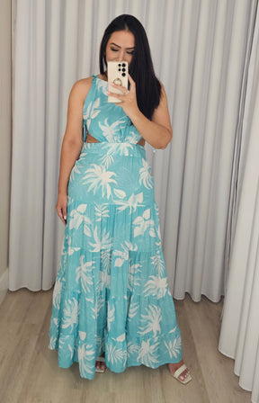Vestido Longo fluido Estampado com forro, recortes estratégicos e amarração - Angel