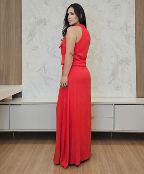 Vestido longo, Leve e fluido na cor telha com botões frontais e elástico na cintura