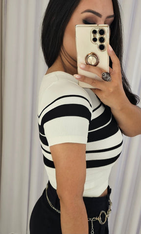 Cropped alongado em modal premium listrado com manguinhas - confortável e moderno
