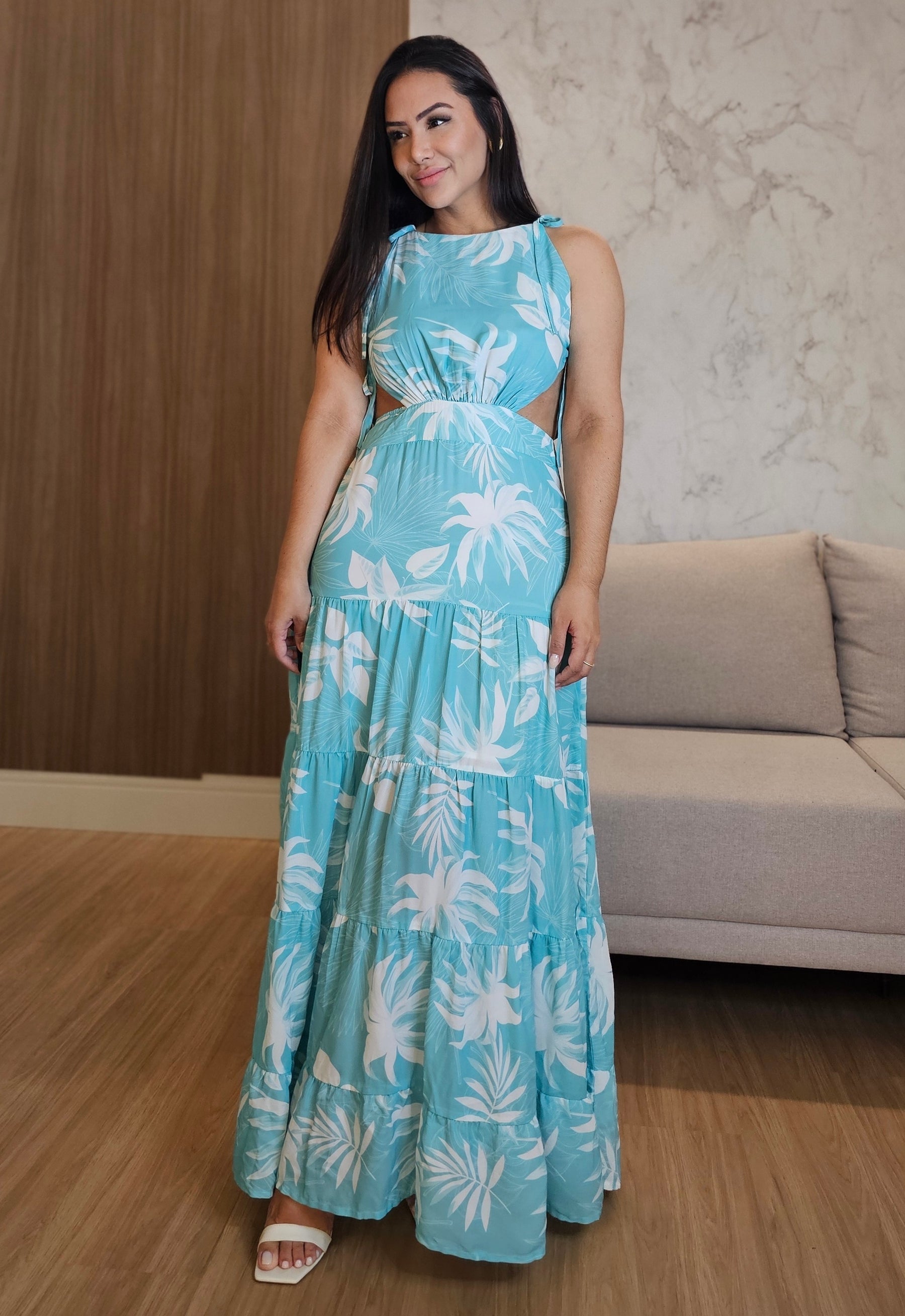 Vestido Longo fluido Estampado com forro, recortes estratégicos e amarração - Angel