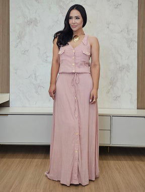 Vestido rosé longo com botões frontais e elástico na cintura