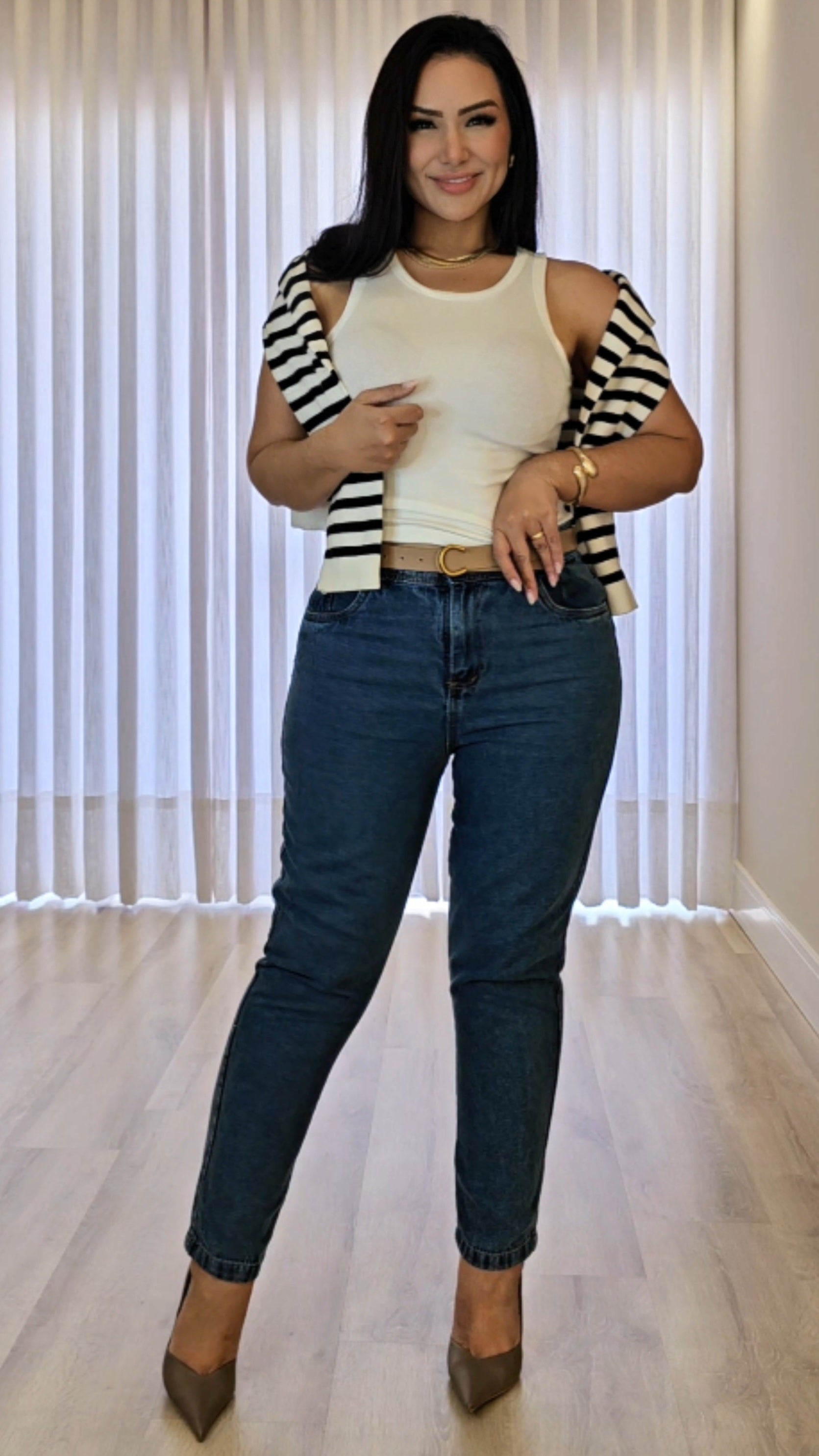 Cardigan Feminino Listrado em Modal Premium – Botões Funcionais