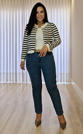 Cardigan Feminino Listrado em Modal Premium – Botões Funcionais