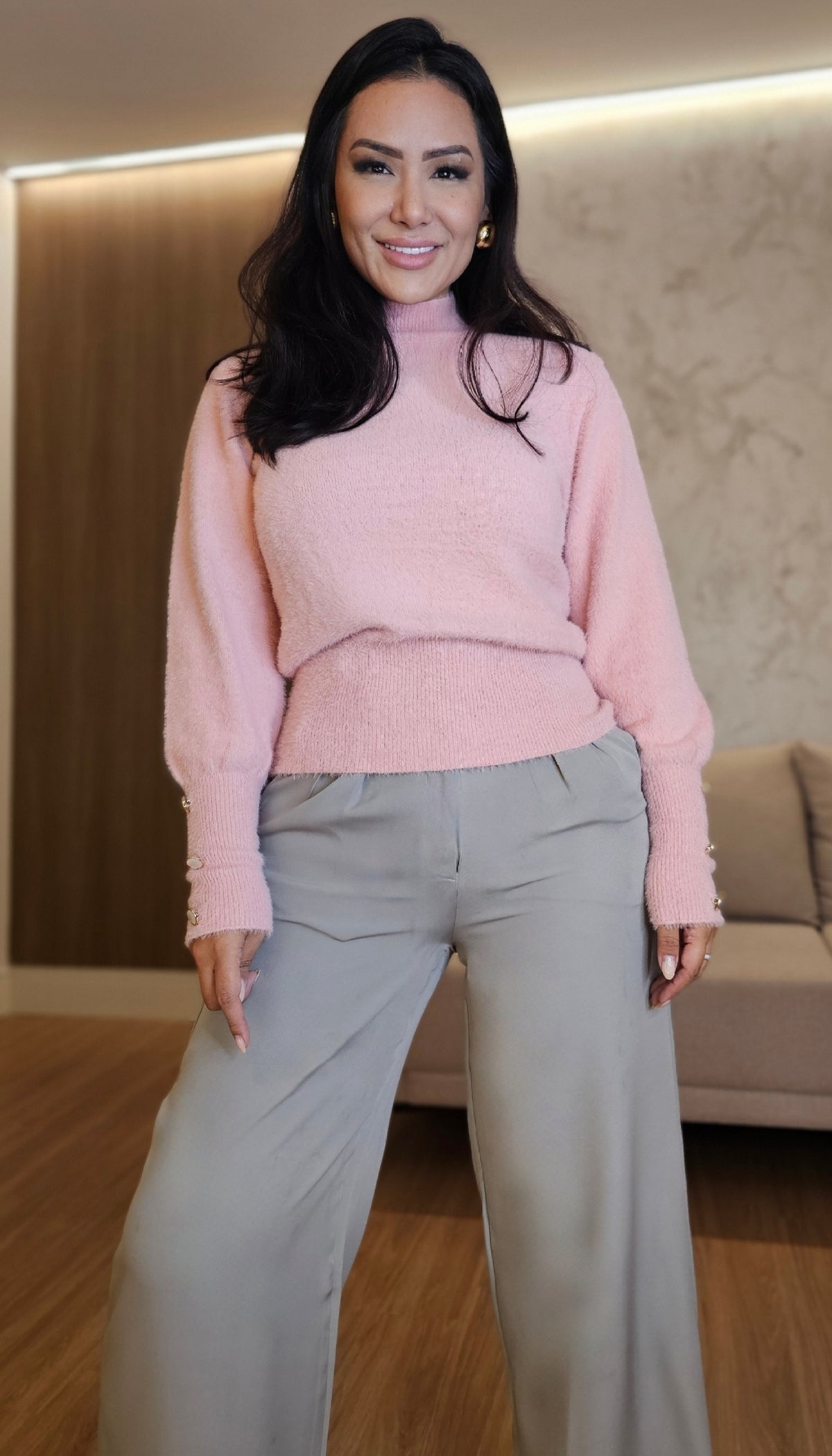 Calça Pantalona feminina cinza em Alfaiataria com cintura alta - Yuri