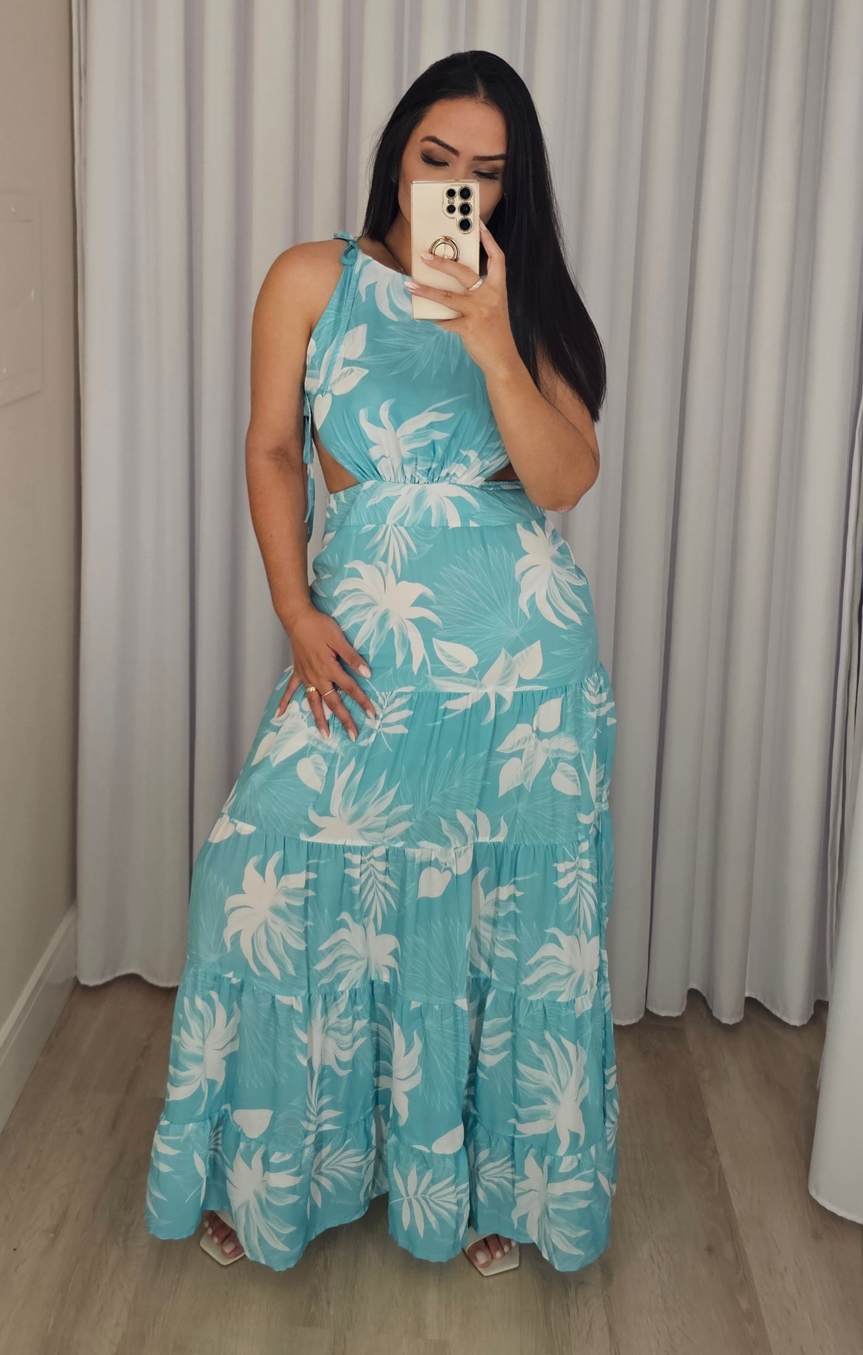Vestido Longo fluido Estampado com forro, recortes estratégicos e amarração - Angel