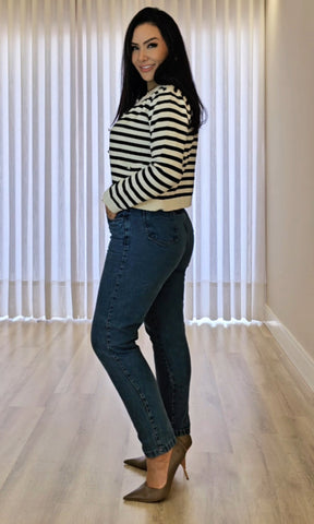Cardigan Feminino Listrado em Modal Premium – Botões Funcionais
