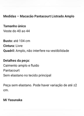 Macacão Pantacourt Listrado Feminino Amplo com Faixa