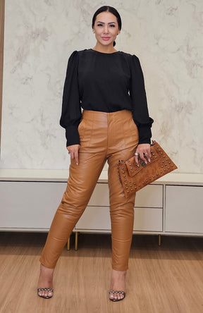 Calça feminina caramelo em PU modelo Zara - Cintura alta
