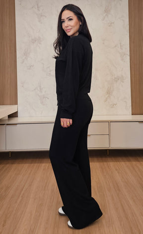 Conjunto feminino comfy preto em modal premium com elástico na cintura e cordão de amarração