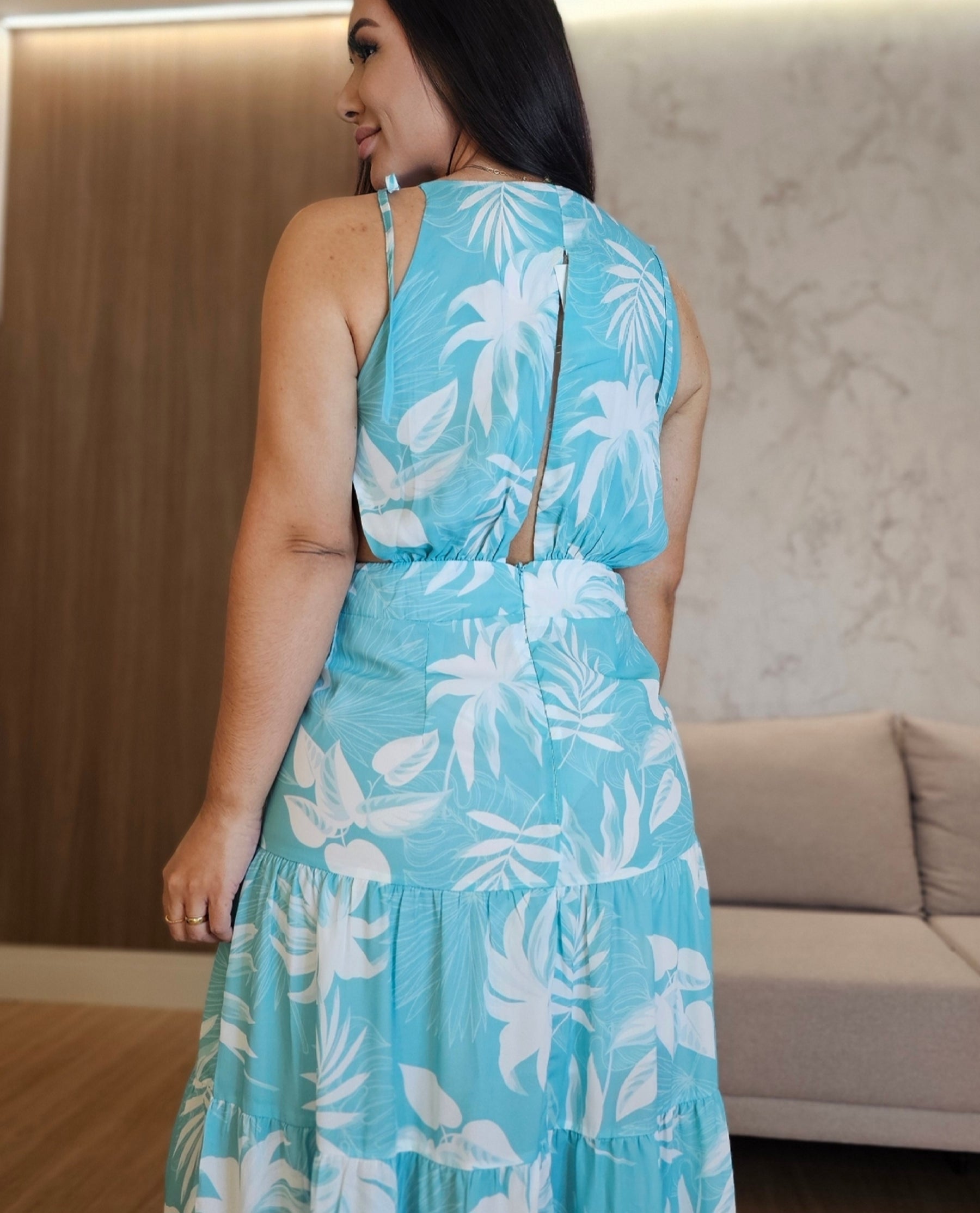 Vestido Longo fluido Estampado com forro, recortes estratégicos e amarração - Angel
