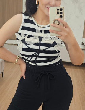 Regata/Cropped alongado feminina listrada com apliques em modal premium - Flora