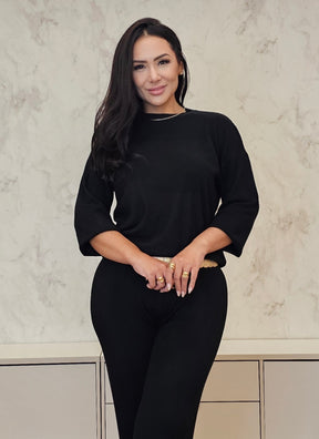 Conjunto feminino comfy preto em modal premium com elástico na cintura e cordão de amarração