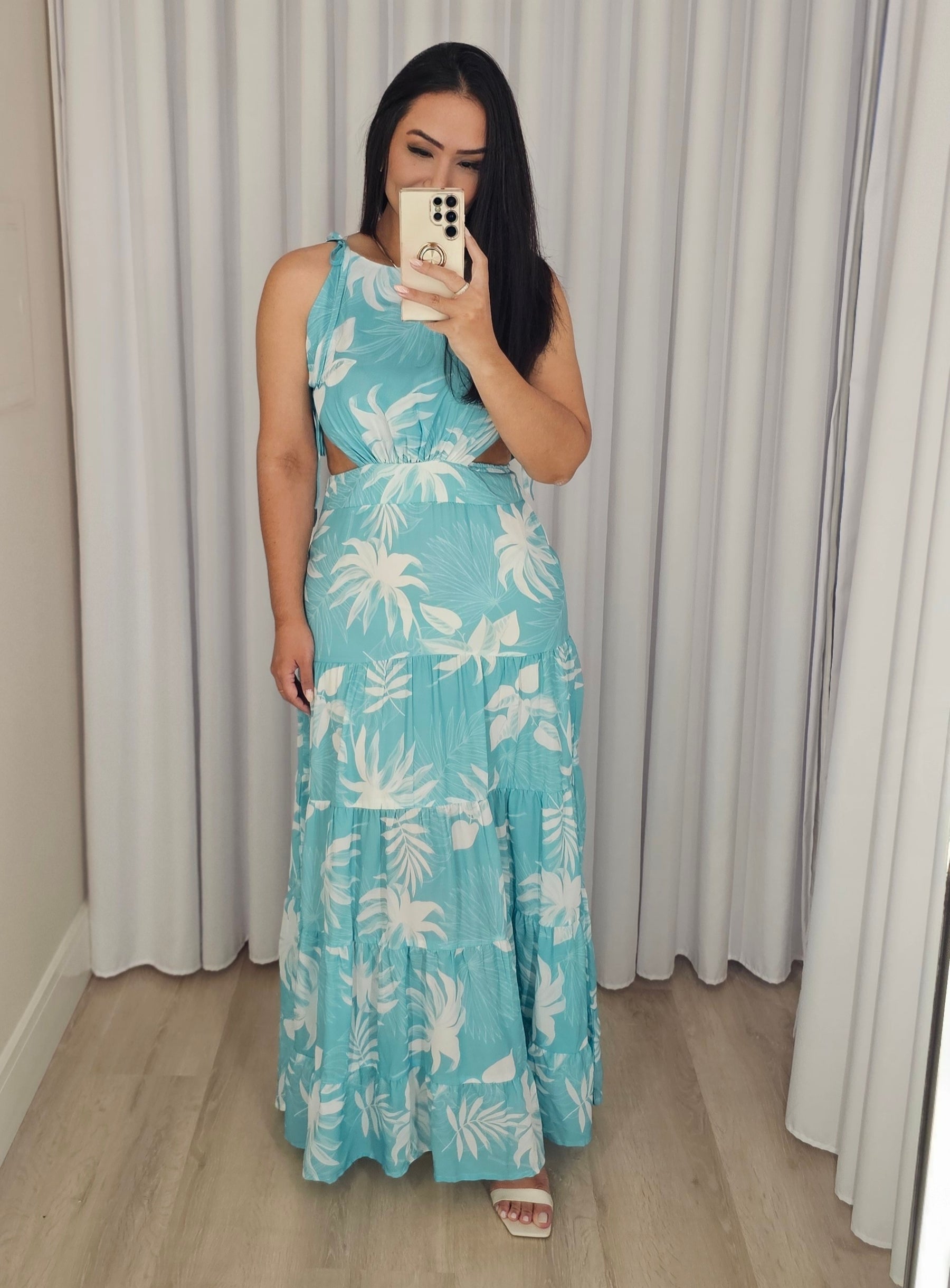 Vestido Longo fluido Estampado com forro, recortes estratégicos e amarração - Angel