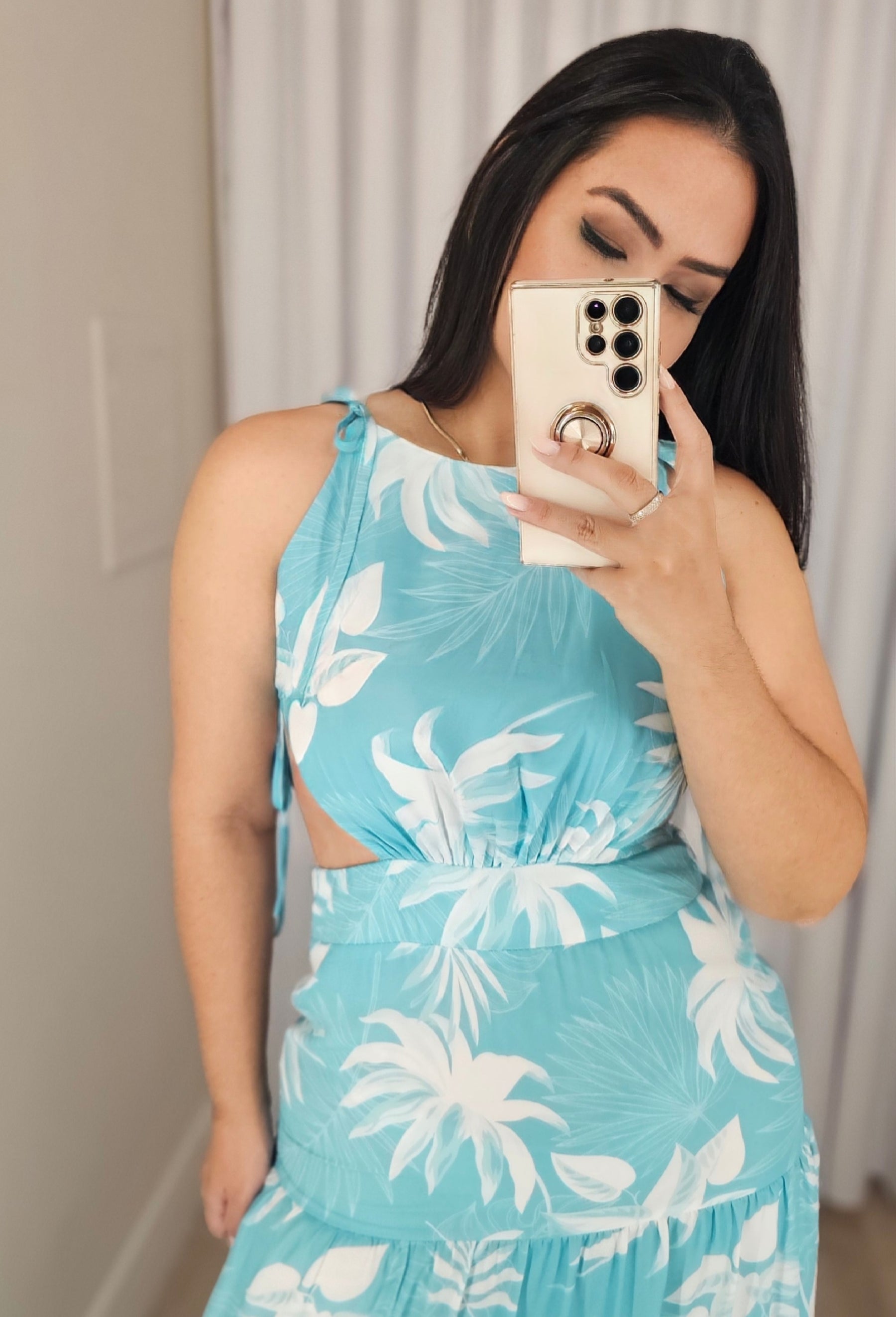 Vestido Longo fluido Estampado com forro, recortes estratégicos e amarração - Angel