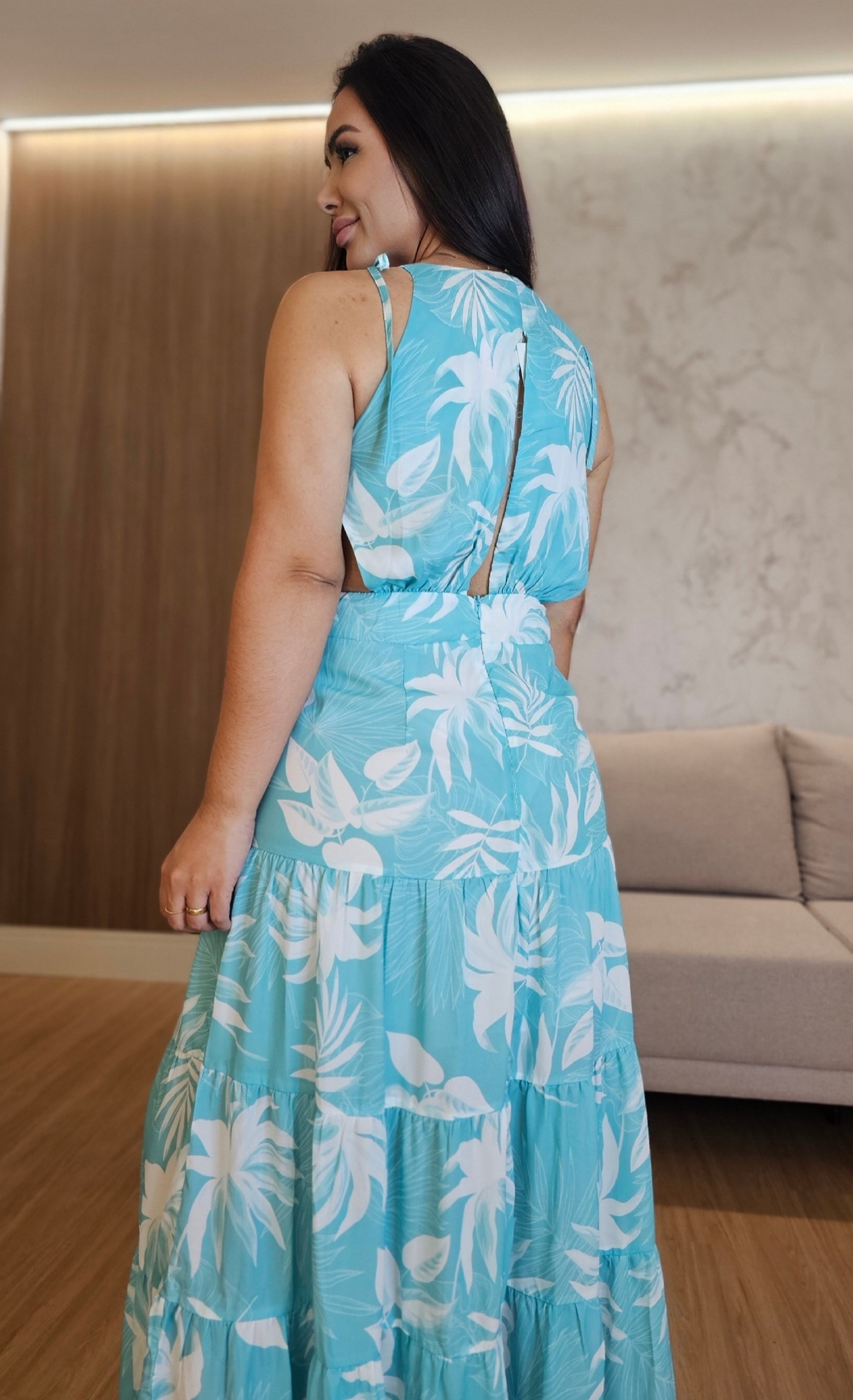 Vestido Longo fluido Estampado com forro, recortes estratégicos e amarração - Angel