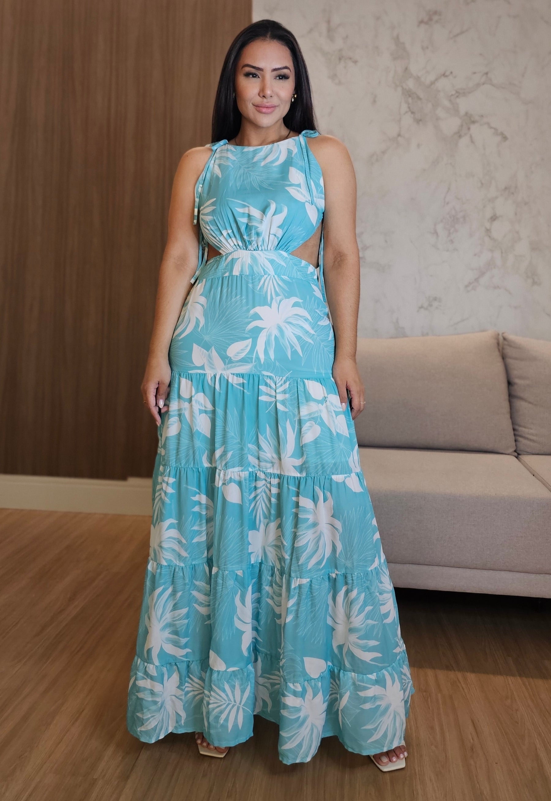 Vestido Longo fluido Estampado com forro, recortes estratégicos e amarração - Angel