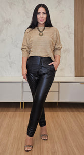 Calça Feminina Couro Sintético PU Modelo Zara – Cintura Alta, Sem Elastano, Modelagem Reta e Sofisticada